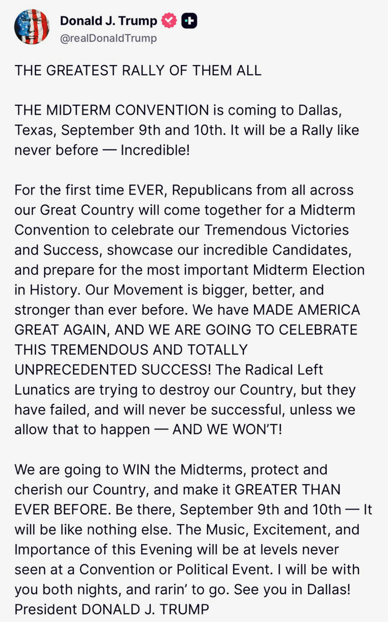 Media from Donald Trump Truth Social post published Sep 5, 2026, 2:09 AM UTC